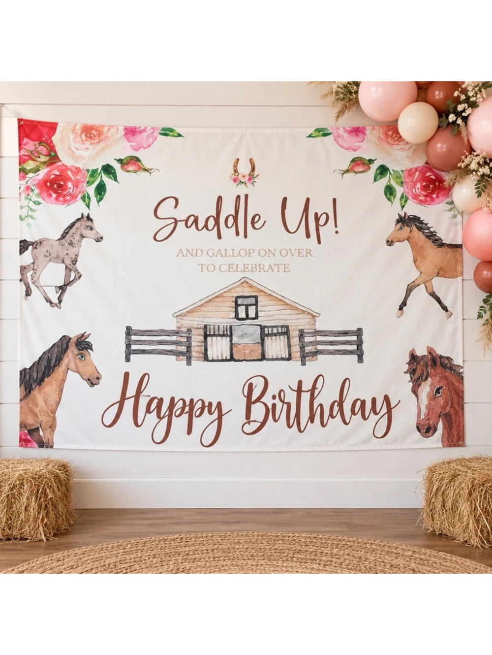 Horse Birthday Party Backdrop Cowgirl Western Floral Saddle Up Photo Banner